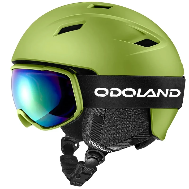 Odoland Skihelm und Skibrille Set, Snowboardhelm mit Snowboardbrille für Erwachsene, Schneebrille UV 400 Schutz Windwiderstand Snowboard Brille zum Skifahren und Bergsteigen Mattes Grün L