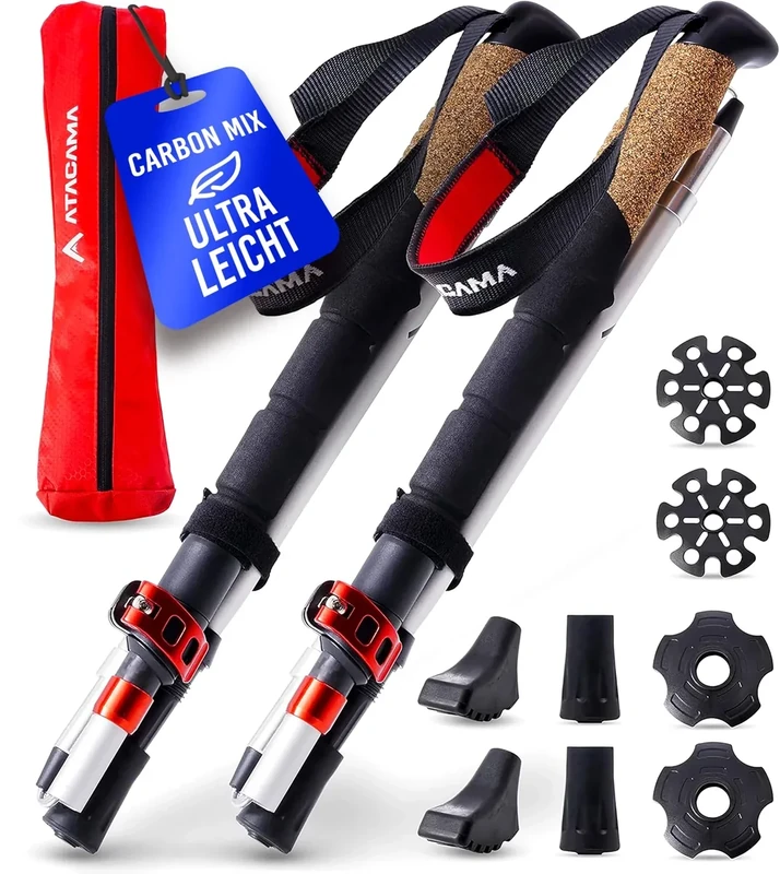ATACAMA Nordic Walking Stöcke Damen und Herren Wanderstöcke Faltbar aus Carbon und Aluminium - verstellbar Gummipuffer - Trekkingstöcke Wanderstöcke leicht faltbar Wanderstock