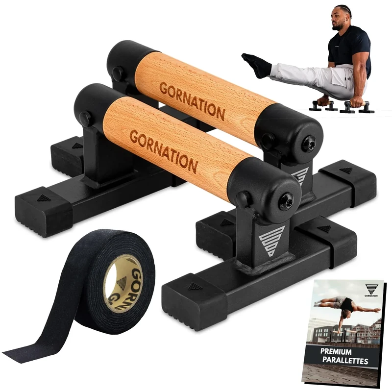 GORNATION Parallettes, inkl. Grip Tape, Calisthenics Equipment für Handstand & Push Ups, Liegestützgriffe mit Griffen/Stangen aus Holz, Push-Up Bars für Fitness zuhause & Outdoor