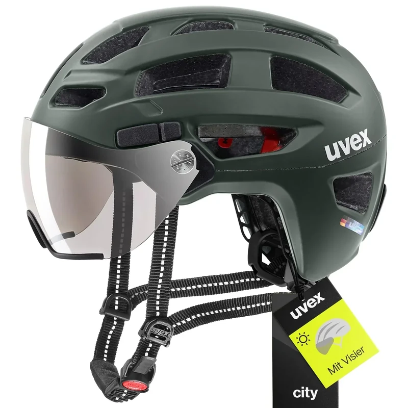 uvex Finale Visor - sicherer City-Helm für Damen und Herren - Filterkategorie 1 - inkl. LED-Licht - Forest matt - 52-57 cm