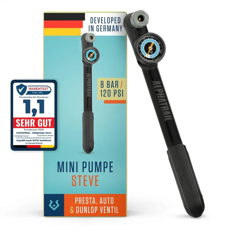 Alphatrail Fahrradpumpe Steve - Für alle Ventile bis 8,3 Bar (120 PSI) I Großes Rundmanometer (Ø32mm) I Ergonomischer T-Griff I Mini Fahrradpumpe für Französisches-, Auto- & Dunlop-Ventil (SV/AV/DV)