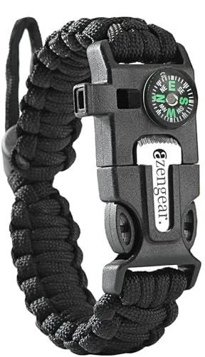 aZengear Paracord Überlebensarmband | Feueranzünder aus Feuerstein und Stahl, Pfeife und Kompass | verstellbare Bandgröße für Camping, Bushcraft und Notfallausrüstung (Schwarz)