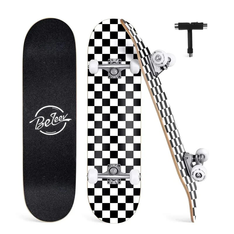 BELEEV Skateboard 31x8 Zoll Komplette Cruiser Skateboard für Kinder Jugendliche Erwachsene, 7-Lagiger Kanadischer Ahorn Double Kick Deck Concave mit All-in-one Skate T-Tool für Anfänger
