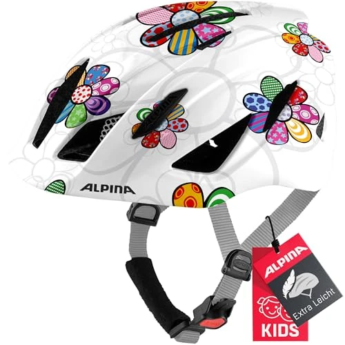 Alpina PICO - Leichter, Optimal Klimatisierter & Bruchfester Fahrradhelm mit Fliegennetz Für Kinder, optional mit Licht, pearlwhite-Flower Gloss, 50-55 cm
