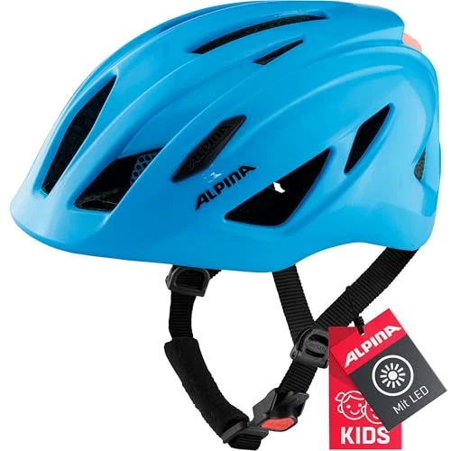 ALPINA PICO Flash - Beleuchteter, Leichter & Bruchfester Fahrradhelm Mit Fliegennetz Für Kinder, neon Blue Gloss, 50-55 cm