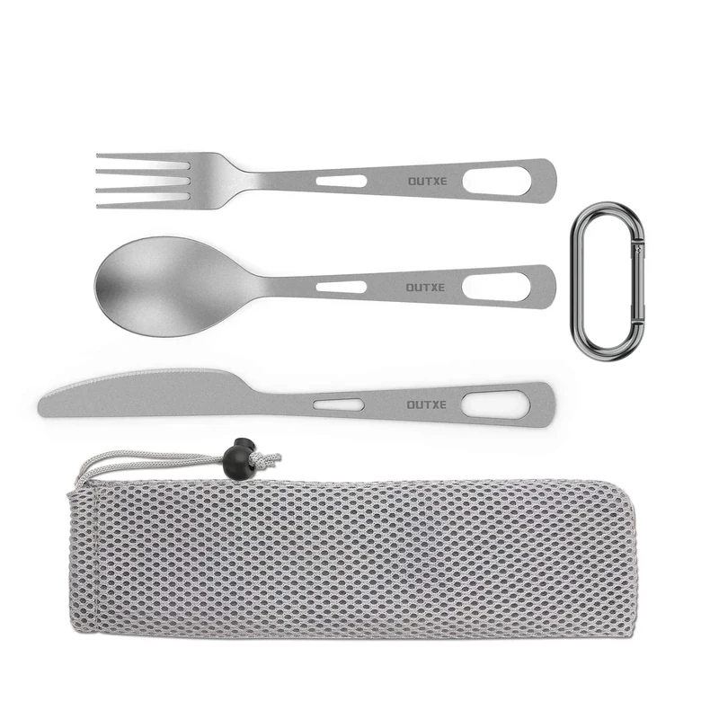 OUTXE Titanium Camping Utensilien Set 3 StückeTitan Löffel Gabel Messer Kombi und tasche, Lunchbox Besteckset und Reisebesteck