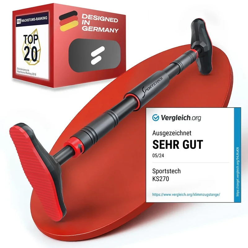 Klimmzugstange mit innovativer Gear-Lock Funktion | sicher & schnell ohne Schrauben im Türrahmen ansetzen | Indoor Pull Up Bar individuell anpassbar bis 90 cm | SPORTSTECH KS260 / KS270 inkl. eBook