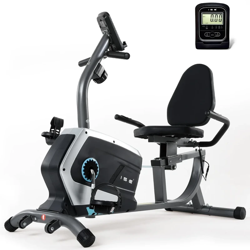 ISE Liegeergometer für Zuhause mit 8 verstellbaren Widerstandsstufen, Ergometer Liege- Heimtrainer mit Magnetbremse, Heimtrainer Fahrrad mit Pulssensoren und LCD-Display,Indoor Bike mit Rückenlehne
