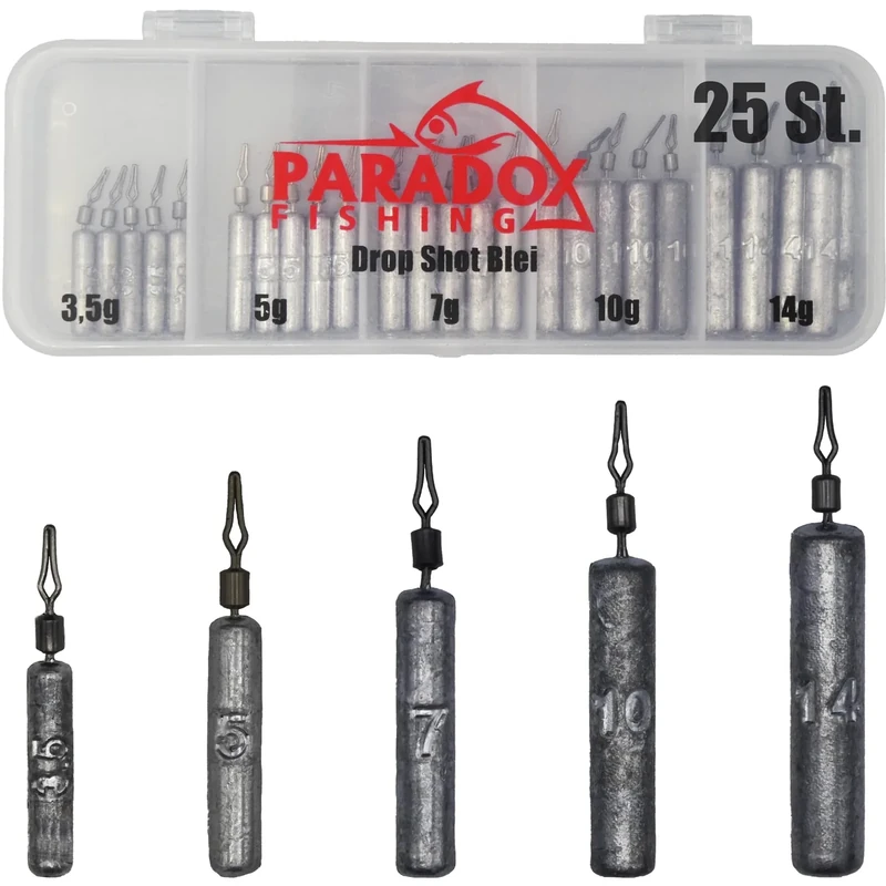 Paradox Fishing Drop Shot Blei Set I 25 Stück (3,5g/5g/7g/10g/14g) je 5 Stück mit Box I Dropshot Jigköpfe Cheburashka Blei - Drop Shot Bleie