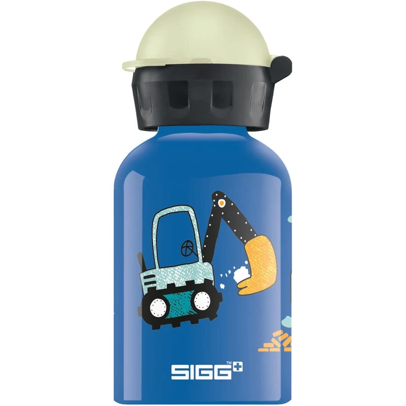 SIGG - Alu Trinkflasche Kinder - KBT Build It - Leuchtet im Dunkeln - Auslaufsicher & Bruchsicher - Federleicht - BPA-frei - Klimaneutral Zertifiziert - Sport & Schule - Blau mit Baggerlader - 0,3L