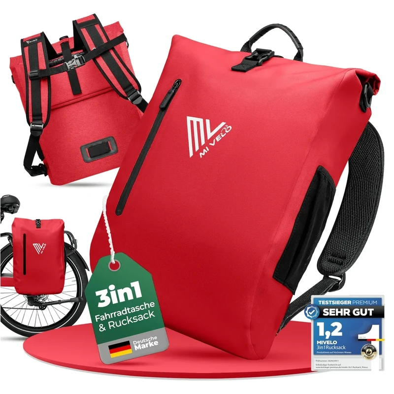 MIVELO - 3in1 Fahrradtasche für Gepäckträger, 100% wasserdicht & PVC-frei, Fahrradtasche Rucksack & Umhängetasche, Fahrrad Tasche Gepäckträgertasche (Rot, 20L)