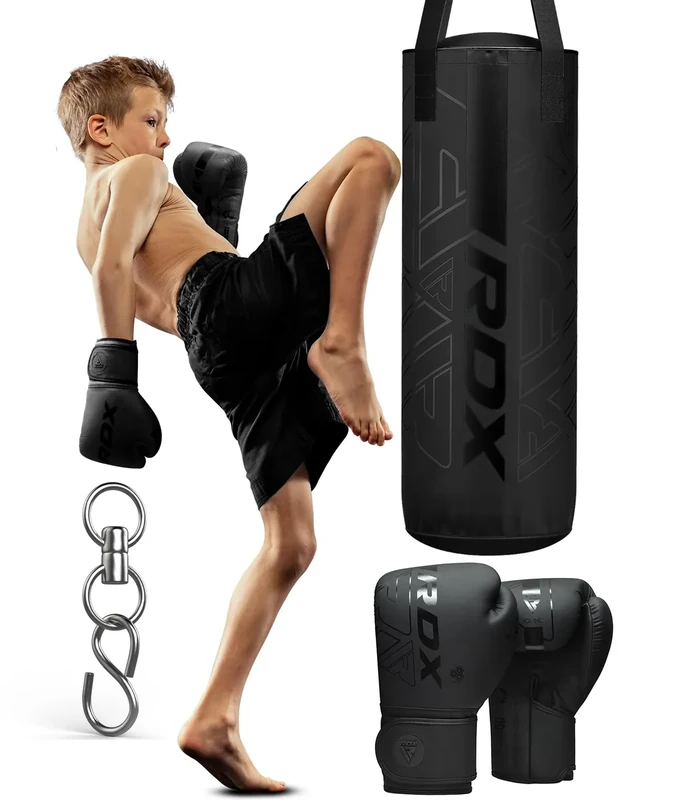 RDX Gefüllt Boxsack Kinder,60 cm Hängend Box Set Für Boxen Kickboxen MMA Muay Thai Karate, Punchingsäcke für Jungen Mädchen, Maya Hide Leder Kids Punching Bag