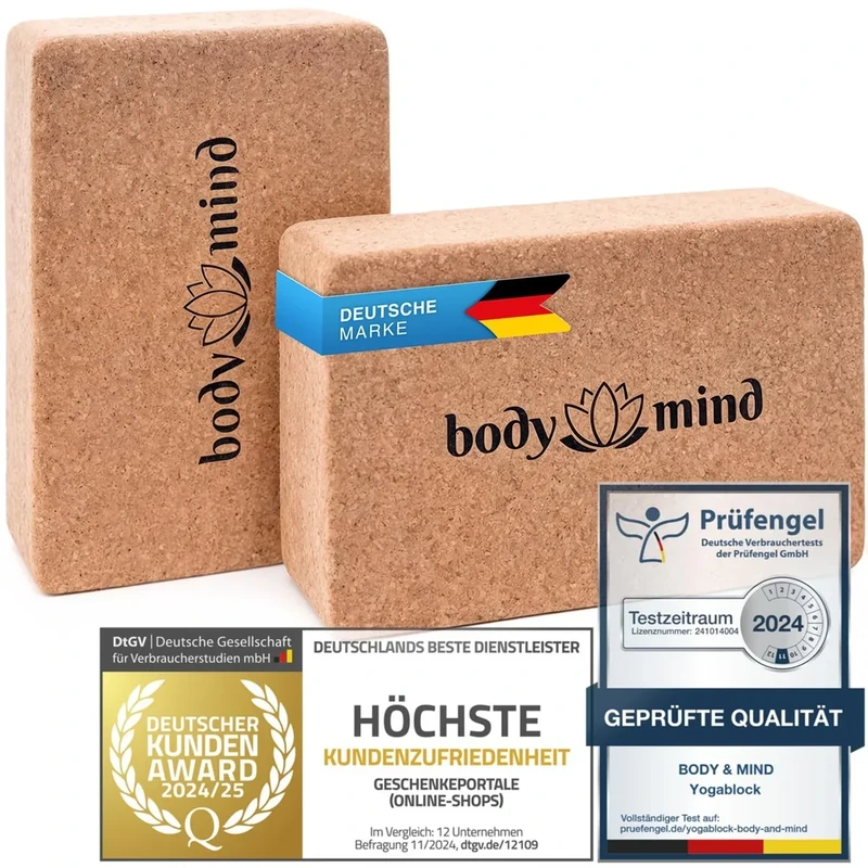 Body & Mind® Yoga-Block 2x Stück im Doppelpack aus Kork 100% Natur für Yoga, Pilates, Meditation & Fitness - Yoga-Klotz für Anfänger und Profis (2 Stück)
