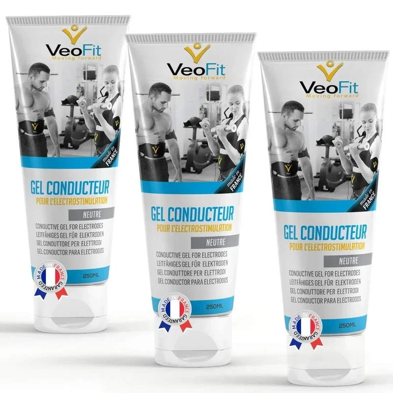 VeoFit Leitfähiges Elektroden Kontakt Gel 3x250mL für EMS TENS Geräte, Elektrostimulatoren, Elektroden Pads – Verbessert den Elektrodenkontakt und schützt die Haut