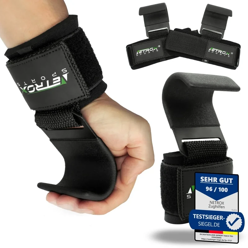Netrox - Zughaken Zughilfen für Krafttraining - Metall Haken - schwere Gewichte - für Kreuzheben, Bodybuilding mit Handgelenkschutz - Fitness, Grip Zughilfe, Zughilfen Gym für Männer & Frauen