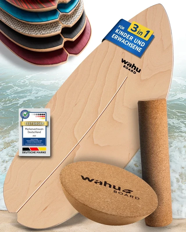 WAHU Balance Board Nature | 3in1 Set | Surf Balance Board aus 100% Holz mit Rocker Shape & Rolle | Gleichgewichtstrainer für Kinder & Erwachsene | Fitness & Spaß Zuhause
