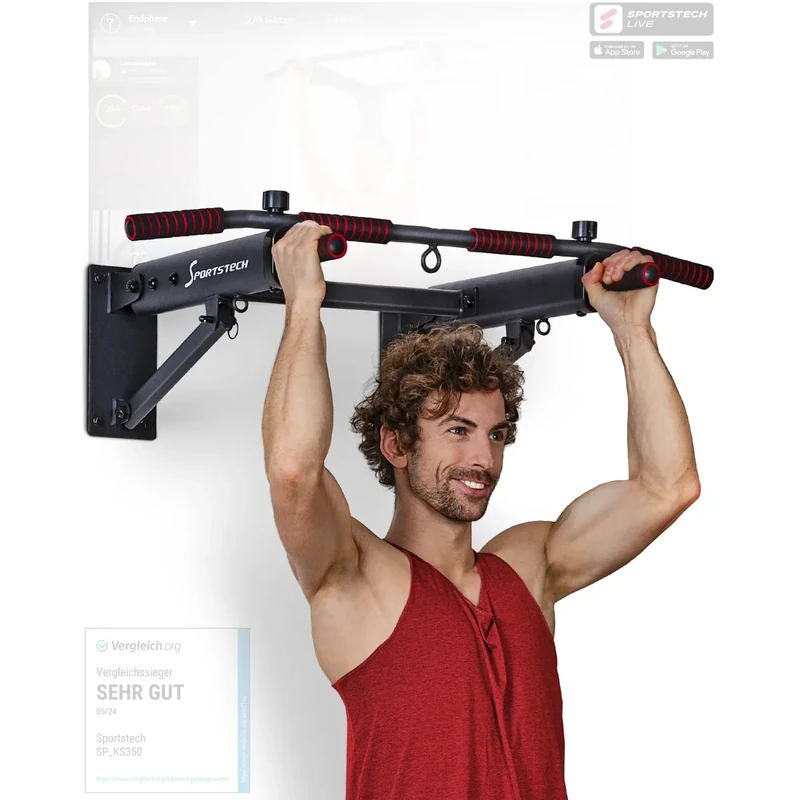 Sportstech KS350 Klimmzugstange Wand klappbar 4in1, Pull Up Bar Wandmontage mit Multigriff, stabile Klimmzugstange für Zuhause, Fitness Station mit Ösen für Schlingentrainer & Boxsack
