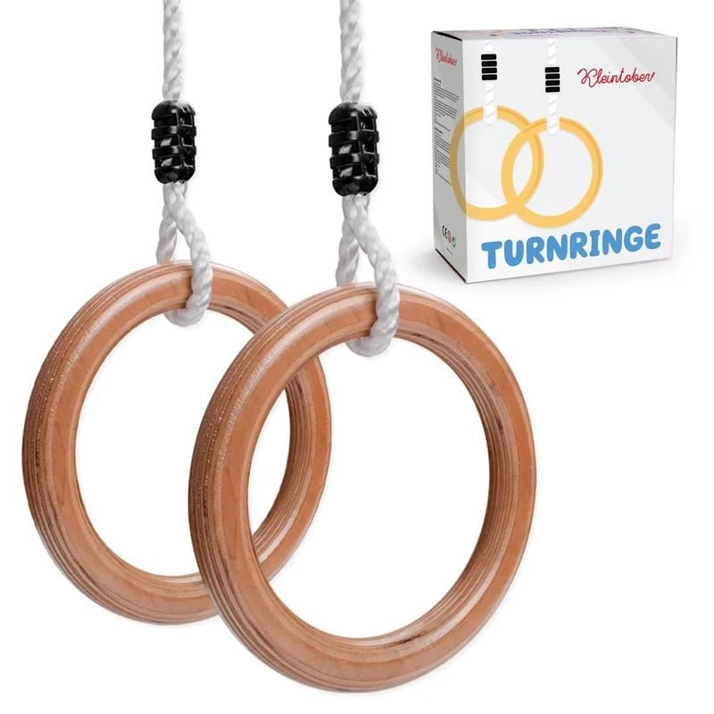 KLEINTOBER Premium Holz Turnringe für Kinder & Erwachsene I Outdoor & Indoor I Ringe I verstellbare Höhe I mit Anleitung für Fitness & Sport I mit Urkunde für Motivation I ideal für Geschenke