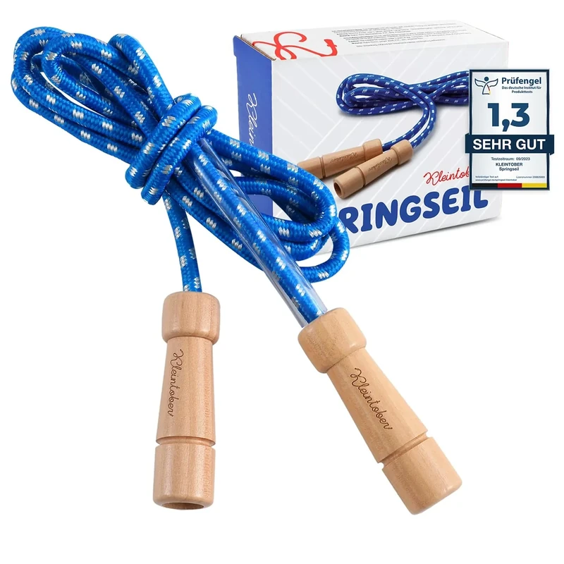 KLEINTOBER Premium Springseil Kinder I Hüpfseil Set I Seil mit Mitteverstärker I 220cm I verstellbar I blau I Anleitung für Seilspringen I Urkunde für Motivation I ideal als Geschenk
