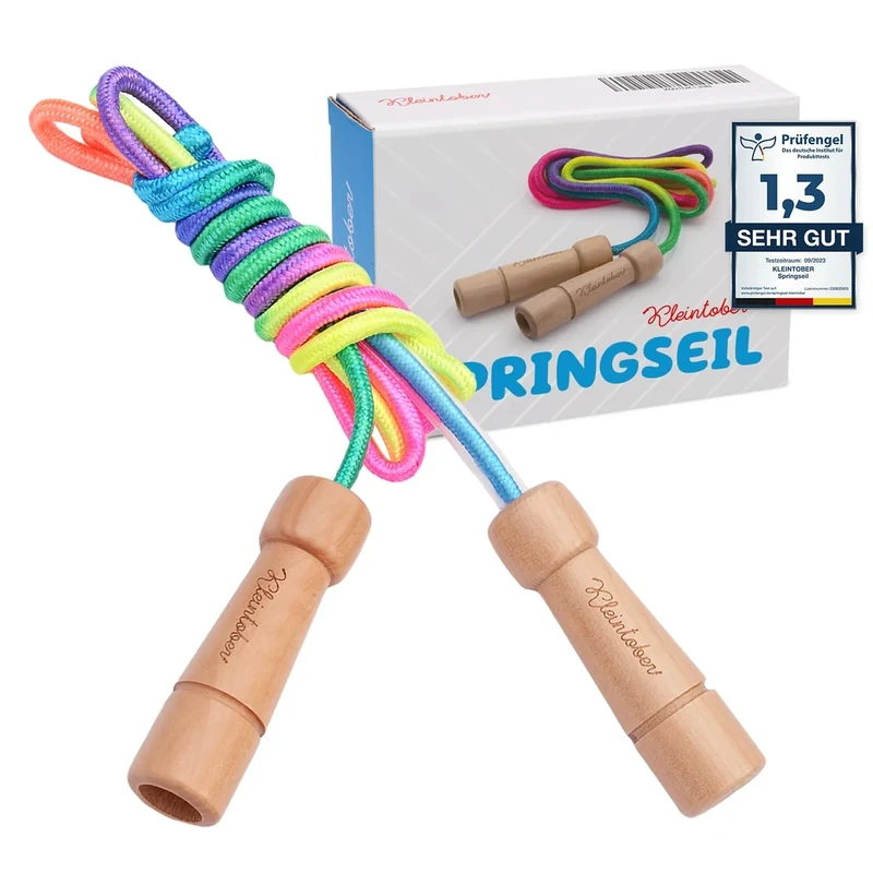KLEINTOBER Premium Springseil Kinder I Hüpfseil Set I Seil mit Mitteverstärker I 220cm I verstellbar I Rainbow I Anleitung für Seilspringen I Urkunde für Motivation I ideal als Geschenk