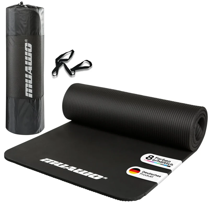 Muawo Premium Gymnastikmatte inkl. Tragegurt + Tasche | Phthalatfreie Trainingsmatte | Yogamatte - rutschfest, extra dick & lang | 190 cm x 60 cm x 1,5 cm | Fitnessmatte Schwarz