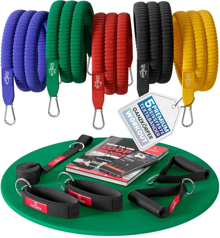 Resistance Widerstandsband Set Textil mit Trainings-eBook - Expander Tubes Bänder Band Stoff Fitnessbänder - Widerstandsbandset: 5 Griffe Türanker Fußschlaufen