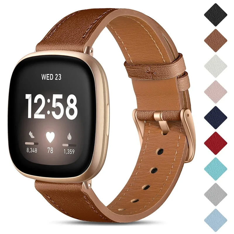 CeMiKa Leder Armband Kompatibel mit Fitbit Sense/Versa 3, Original Lederband Ersatzband mit Edelstahl-Verschluss, Braun/Roségold