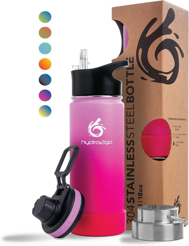hydro2go Edelstahl Trinkflasche – BPA-frei, Isolierflasche für Kinder, Schule, Sport & Outdoor, 530ml, 3 Verschlüsse, trinkflasche mit strohhalm
