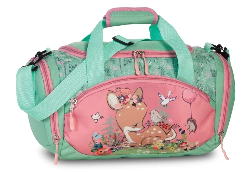 Umhängetasche Sporttasche Kinder Reisetasche mit REH Rehkitz Blumen Vögeln Igel für Mädchen & Jungen - 14,2 Liter - 35 x 22 x 18,5 cm, rosa/türkis