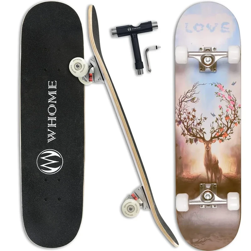 WHOME Pro Skateboards Komplett für Erwachsene/Kinder Mädchen/Jungen Anfänger/Profi - 31 x 8 Zoll Standard 8-Fach Alpine Ahorn Deck ABEC-9 inkl. T-Tool (Deer)