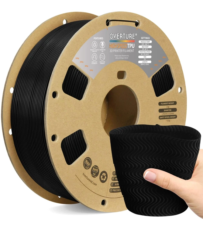 OVERTURE TPU-Filament, 1,75 mm, flexibles TPU, 95 A, weiches 3D-Drucker-Filament, 1-kg-Spule, Maßgenauigkeit +/- 0,02 mm, Schwarz - Image 1