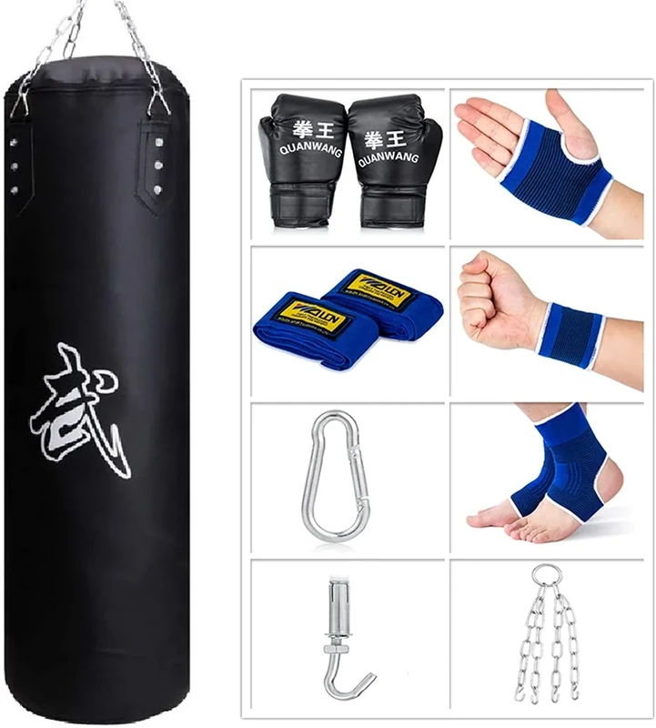 Sfeexun Boxsack Heavy Duty Aufhängungsset mit Handschuhen, Kette, Deckenhaken für Training Erwachsene (ungefüllt, L, schwarz, Kunstleder)