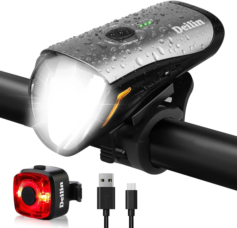 Deilin Fahrradlicht Set, bis zu 70 Lux LED Fahrradbeleuchtung USB Aufladbar Fahrradlampe, IPX5 Wasserdicht Fahrradlichter Vorne Rücklicht Fahrrad Licht Fahrradleuchtenset Fahrradlampe (Silber)