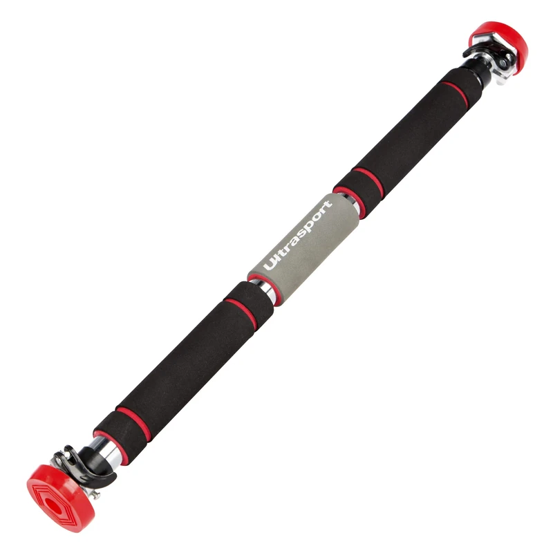 Ultrasport Klimmzugstange Force 300 Pro, rundes Befestigungssystem, optimaler und sicheren Halt, bis 150 Kg belastbar, verstellbar von 65 bis 103 cm, Schwarz / Rot, breit