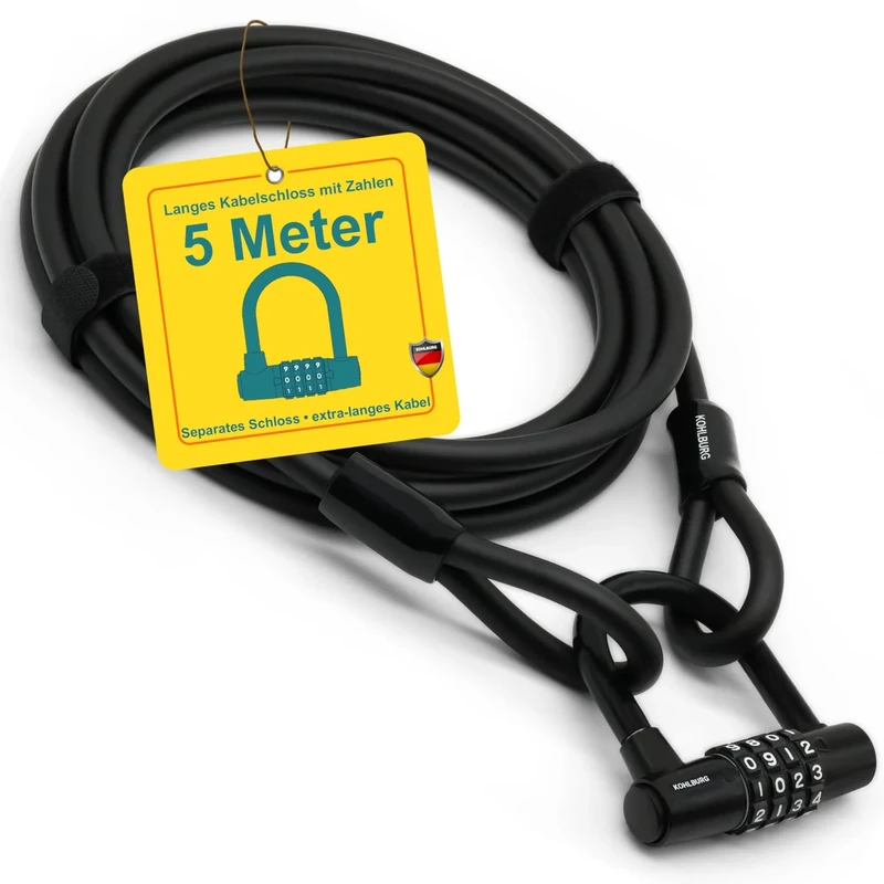 KOHLBURG Kabelschloss 5 Meter lang mit Zahlenkombination - 500cm Zahlenschloss - Stahlseil Schloss 5 m ummantelt - Stahlkabel 500 cm mit Zahlencode für Fahrrad Gartenmöbel & Fahrradschloss