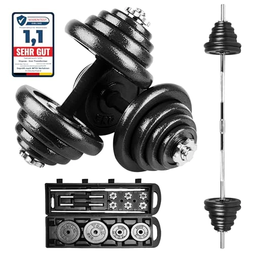 unycos - 2-in-1 Verstellbare Hanteln mit Übungs-E-Book, Gewichtsset mit Verbindungsstange und 50 kg Schweren Eisenplatten, Aufbewahrungskoffer, Heim-Fitnessstudio (Iron Transformer)