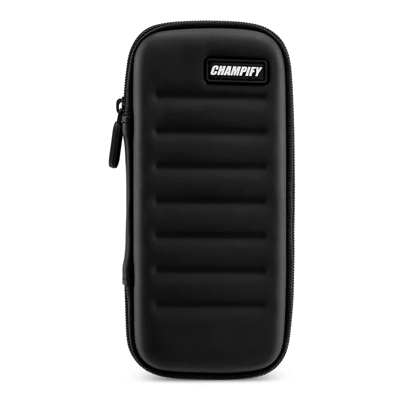 Champify® Darttasche schwarz mit Haltesystem gegen Verrutschen der Dartpfeile | Hard-Case zum Schutz für 3 Steeldarts oder Softdarts und vielen Taschen für Dart Flights und weiteres Zubehör