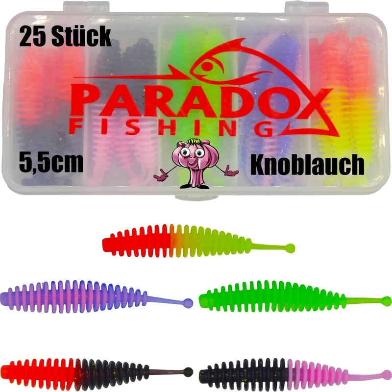 Paradox Fishing Forellenköder Gummi Set 5,5cm mit Box 25 St. I UV Forellenköder Gummi Gummiköder Forelle I Forellen Angeln Spoon Set Forellenteig - Spoons Forelle (Knoblauch)