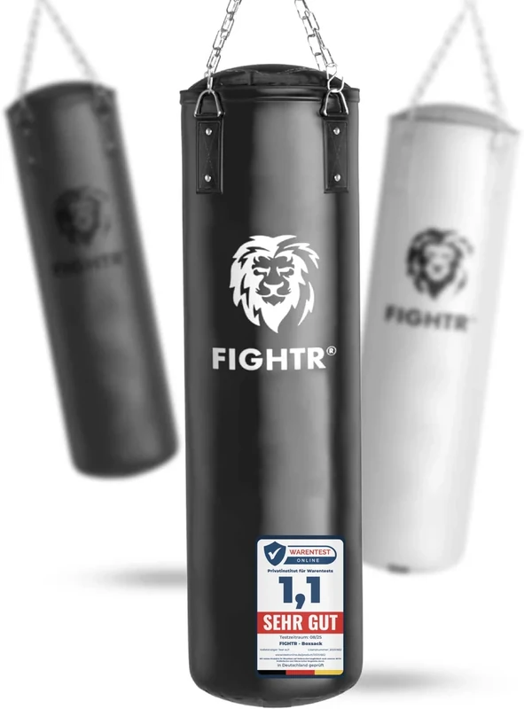 FIGHTR® Boxsack gefüllt/ungefüllt - extrem robust & langlebig | Boxsack Set inkl. 4-Punkt-Stahlkette für Boxen, Kickboxen, MMA, Muay Thai und weitere Kampfsportarten (leer, Schwarz/Weiß)