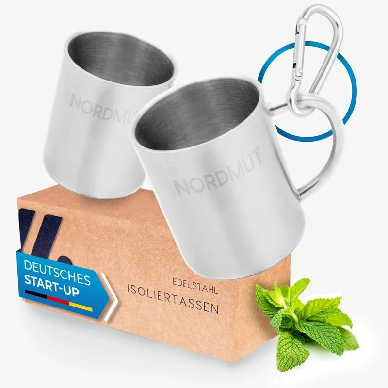 NORDMUT® Edelstahl Thermobecher [2er Set] Camping Tasse | nachhaltige Edelstahl Tasse | Kaffeetasse doppelwandig isoliert und BPA frei | Tassen Set für Camping & Outdoor [2 x 300 ml]