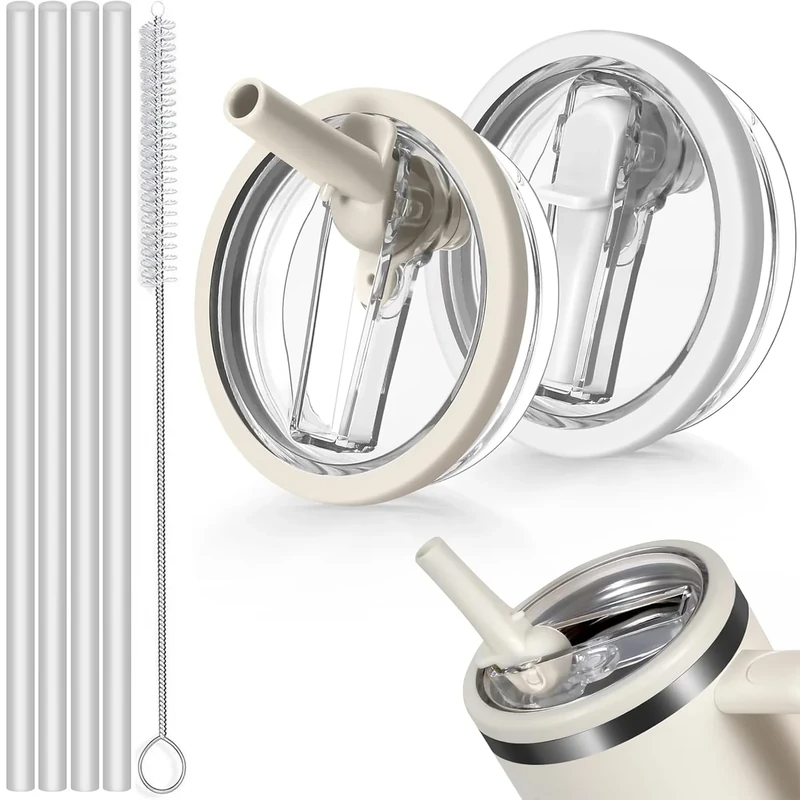 Sunshine smile 2 Stück Stanley cup Deckel 40oz,Auslaufsicherer Ersatzdeckel für Stanley Cup mit 4 Trinkhalmen and 1 Strohhalm Bürste,Ersatzdeckel für Stanley Cup Zubeahör,Lunch 40oz Becher