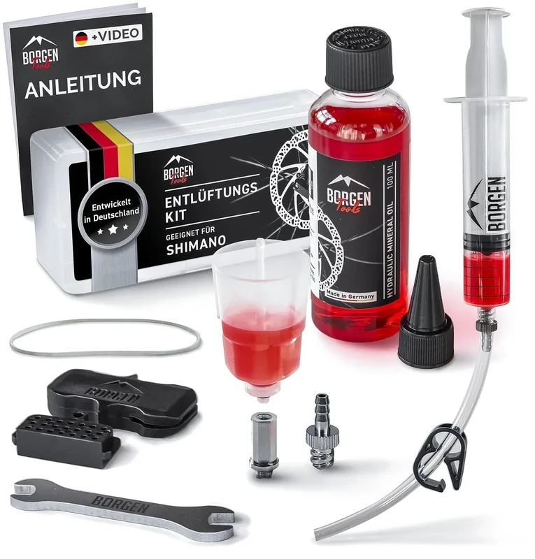 Borgen Entlüftungsset für Shimano Scheibenbremsen - Entlüftungskit mit Anleitung für Deore, Dura Ace, Saint, XT UVM. inkl. 100ml Mineralöl Bremsflüssigkeit, Trichter, Spritze und Adapter