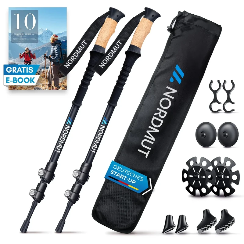 NORDMUT® Wanderstöcke Teleskop Alu | Nordic Walking Stöcke Damen und Herren | Ultraleichte Trekkingstöcke [mit Gummipuffer Set] verstellbar mit Echt Kork Griff
