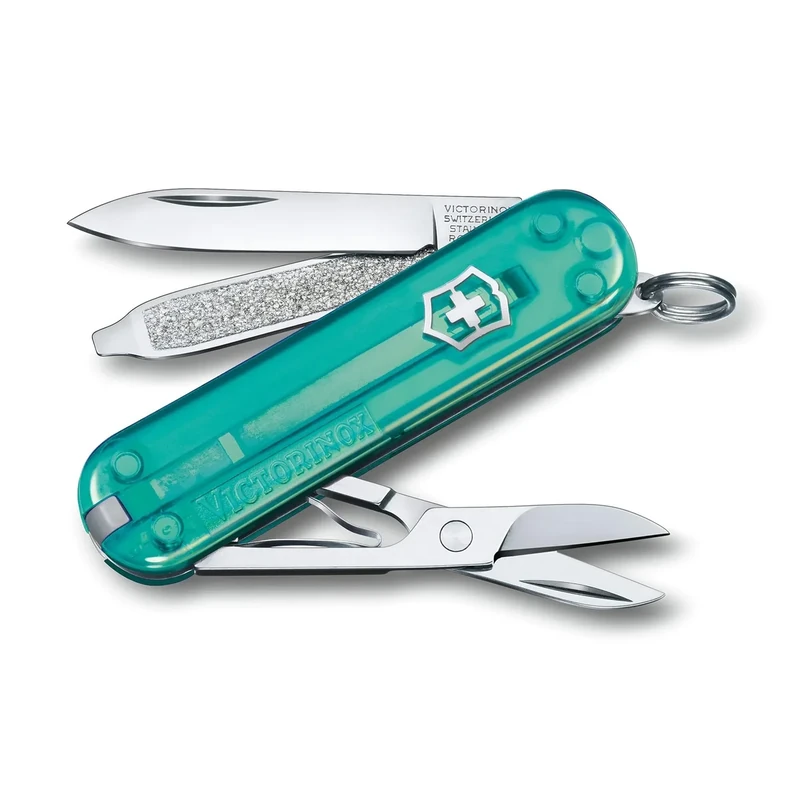 Victorinox Schweizer Taschenmesser, Klein, Classic SD, Multitool, Swiss Army Knife, Geschenk, 7 Funktionen, Klinge, Nagelfeile, Türkis Transparent