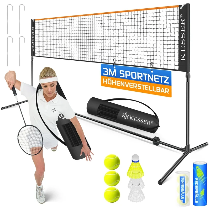 KESSER® Badmintonnetz Tennisnetz | Federballnetz 3-Fach-Höhenverstellbar 107/120/155cm, stabiles Gestell, Set mit Netz, 3X Federball & 3X Tennisball, Montagezubehör, Transporttasche, Indoor & Outdoor