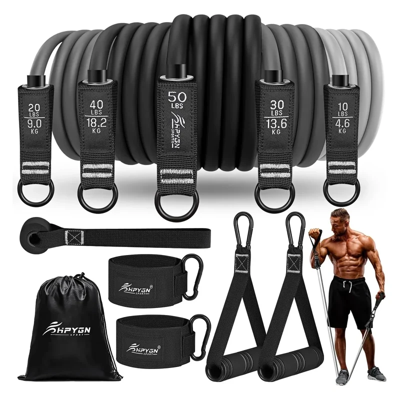 HPYGN Fitnessbänder Resistance Bands Set, 150lb Widerstandsbänder mit Türanker, Griffen, Knöchelriemen, 5 Widerstandsstufen, Tragbar, Ideal für Hanteln Krafttraining, Physiotherapie für Männer Frauen