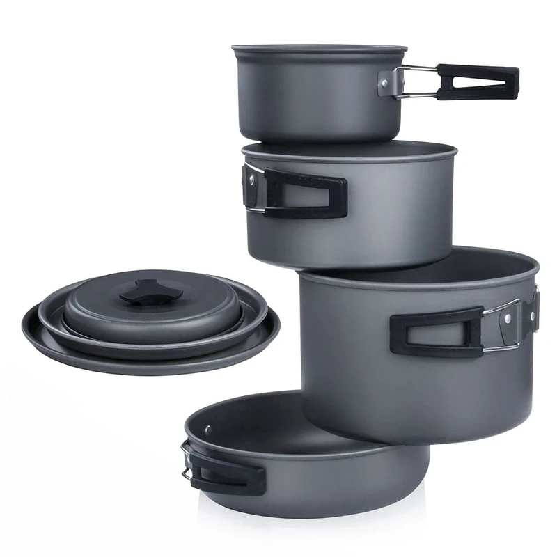 yourGEAR Ranger V - 7-teiliges Camping Kochgeschirr Set für 4-5 Personen - Langlebiges, antihaftbeschichtetes Aluminium - Topf Pfannen Set im Netzbeutel für Camping und Outdoor