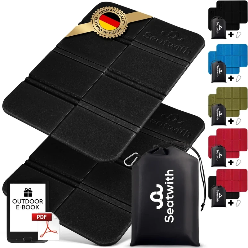 Seatwith 2er Set Sitzmatte/Faltbares Iso-Thermo-Sitzkissen mit Tragetasche und Karabinerhacken für ideale Befestigung am Rucksack maximaler Schutz vor Kälte Nässe & Schmutz + Outdoor E-Book