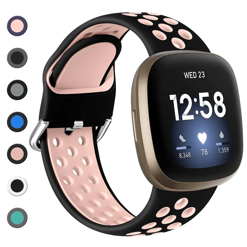 Dirrelo Kompatibel mit Fitbit Versa 4/3/Sense 2 Armband - Damen Herren, Sport Silikon Atmungsaktiv Ersatzarmband Uhrenarmband, S Schwarz/Rosa