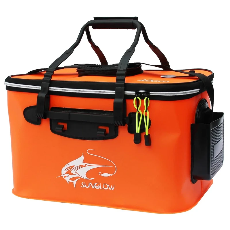 MMSGA Angeleimer, tragbarer Faltbarer Angelköder-Eimer，Multifunktionaler Behälter für lebende Angelköder, Outdoor-Camping-Eva-Angeltasche und Fischschutzeimer(Orange, 30L)